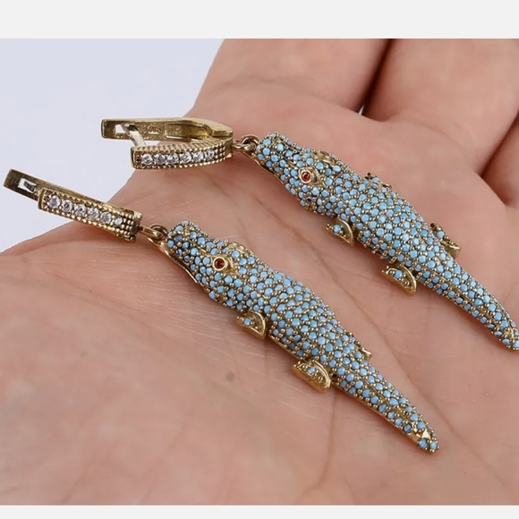 Turquoise Sterling & Bronze Crocodile Earrings - Picture 3 of 4